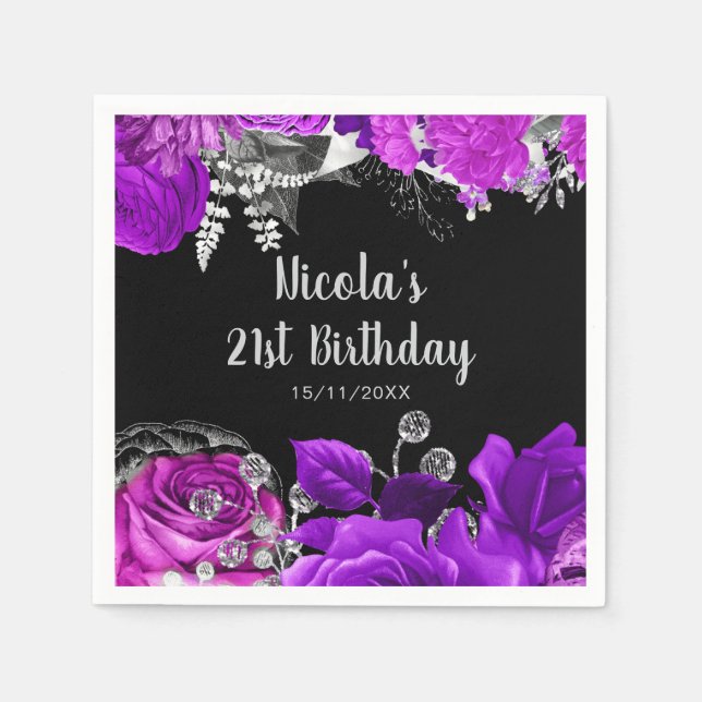 Servilleta De Papel Elegant Purple and Silver Flowers Birthday Party  (Anverso)