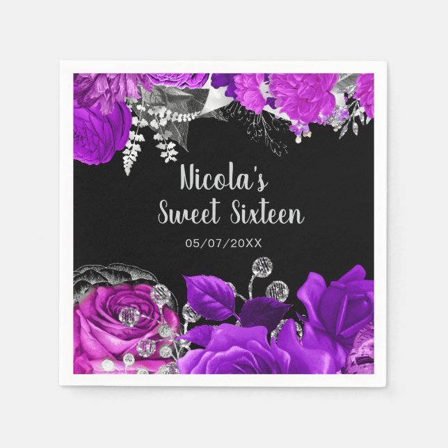 Servilleta De Papel Elegant Purple and Silver Flowers Sweet Sixteen  (Anverso)