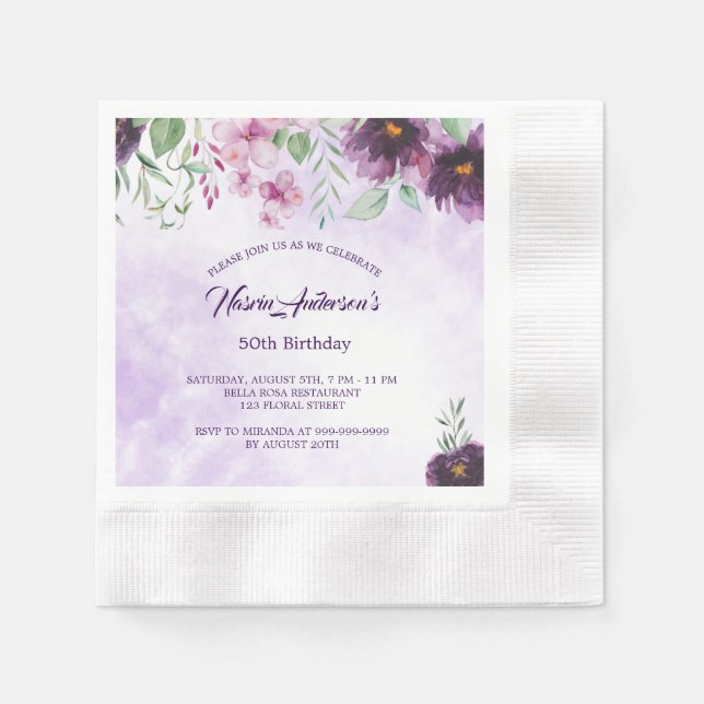 Servilleta De Papel Elegant Purple Floral Birthday Invitation (Anverso)