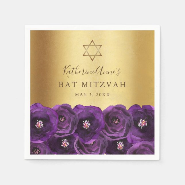 Servilleta De Papel Elegant Purple Rose Floral Gold Bat Mitzvah (Anverso)