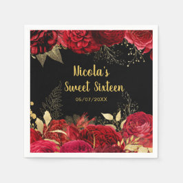 Servilleta De Papel Elegant Red and Gold Flowers Sweet Sixteen 