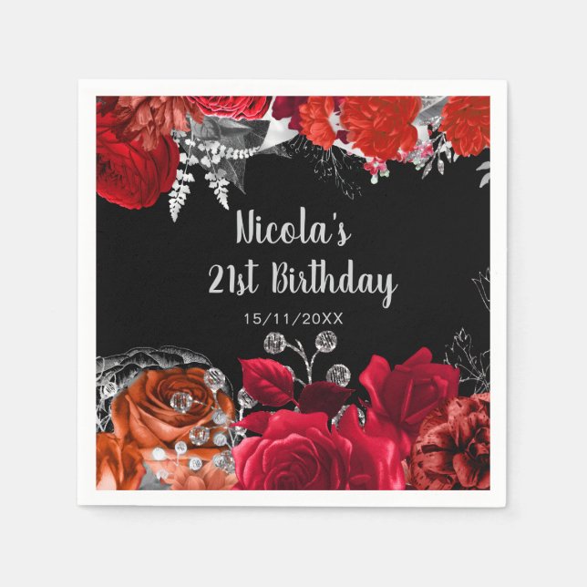 Servilleta De Papel Elegant Red and Silver Flowers Birthday Party (Anverso)