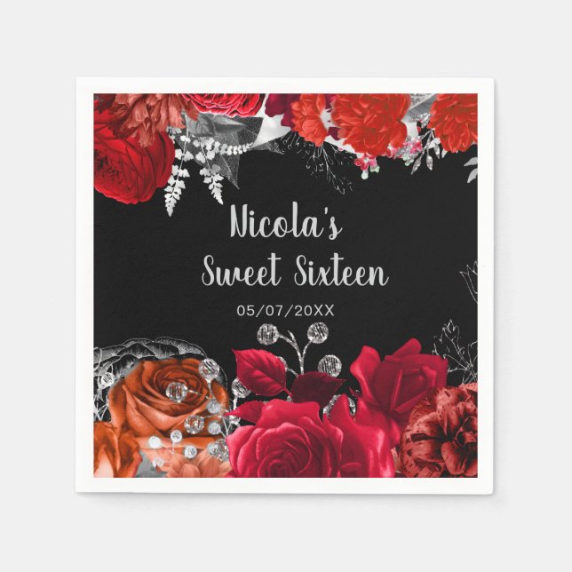 Servilleta De Papel Elegant Red and Silver Flowers Sweet Sixteen  (Anverso)