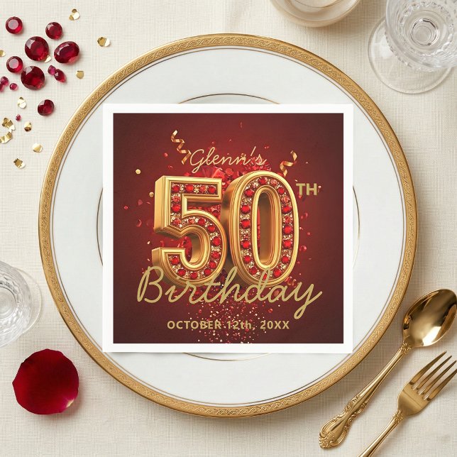 Servilleta De Papel Elegant Red Gold 50th Birthday Party Glam (Subido por el creador)