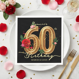Servilleta De Papel Elegant Red Rose Black and Gold 60th Birthday