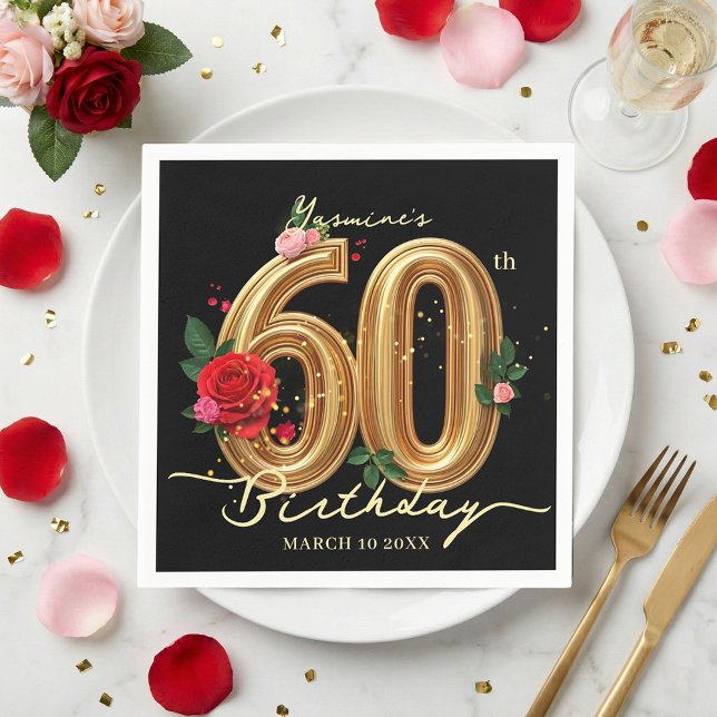 Servilleta De Papel Elegant Red Rose Black and Gold 60th Birthday (Subido por el creador)