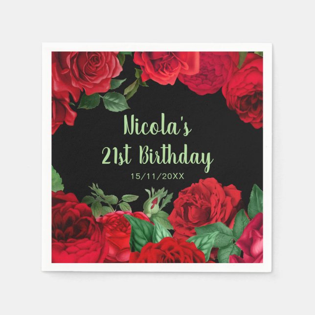 Servilleta De Papel Elegant Red Roses Flowers Birthday Party (Anverso)