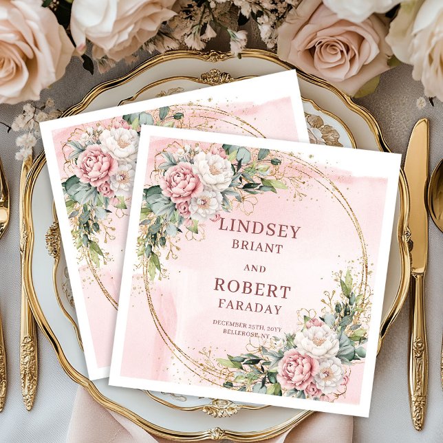 Servilleta De Papel Elegant Rose Gold Floral Eucalyptus Gold Glitter   (Elegant Rose Gold Floral Eucalyptus Gold Glitter Wedding Napkins)