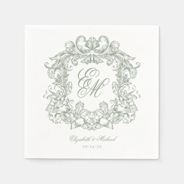 Servilleta De Papel Elegant Sage Green Monogram Crest Script Wedding (Anverso)
