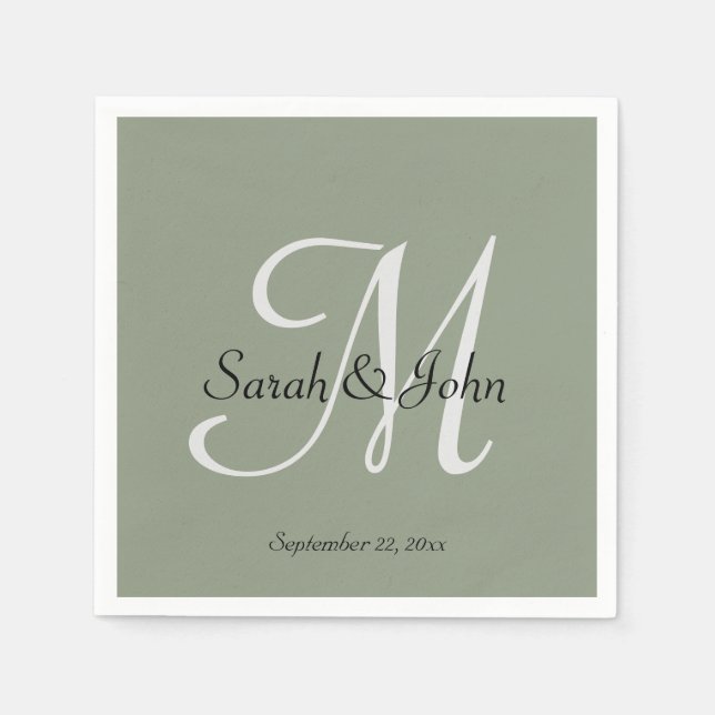 Servilleta De Papel Elegant Sage Green Script Name Monogram Wedding  (Anverso)