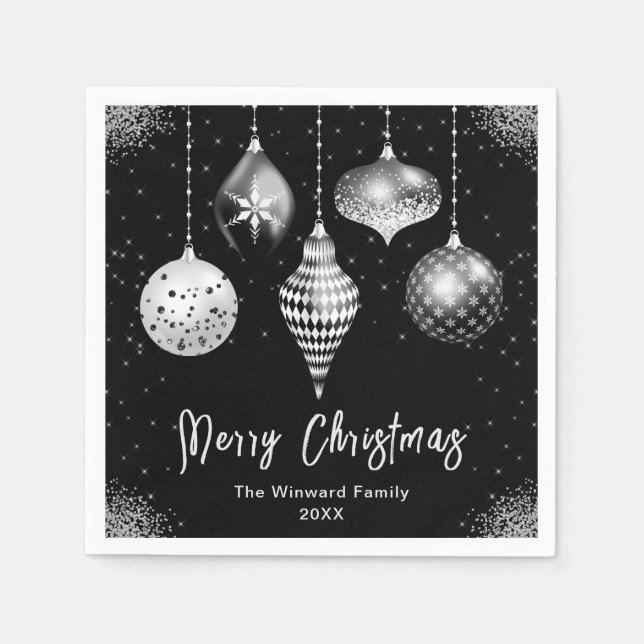 Servilleta De Papel Elegant Silver and Black Ornament Christmas (Anverso)