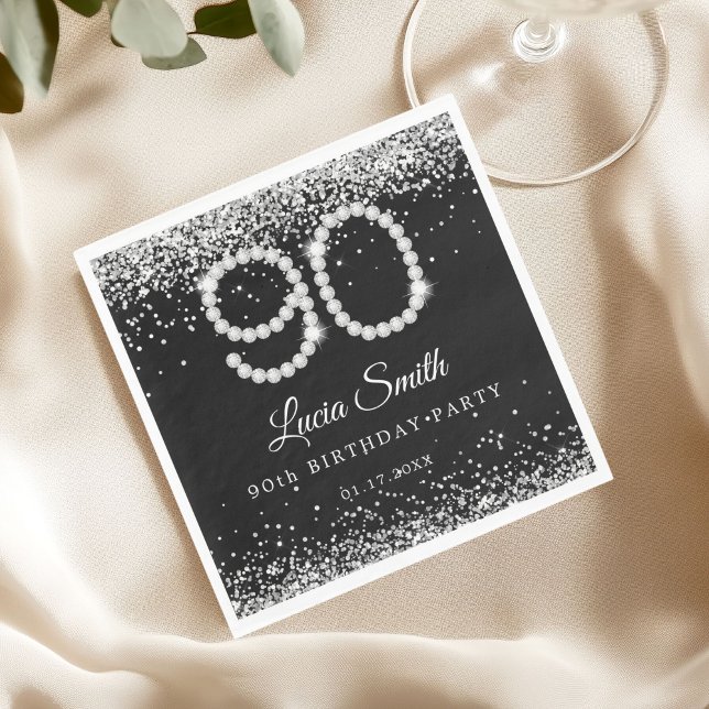 Servilleta De Papel Elegant Silver Diamonds 90th Birthday Party  (Diamonds 90th Birthday Table Napkin)