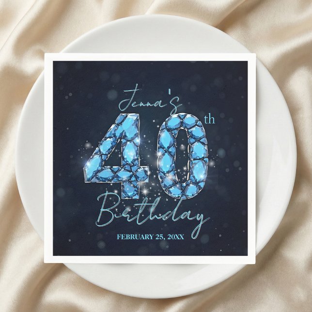 Servilleta De Papel Elegant Sparkle Teal Blue Gemstone 40th Birthday (Subido por el creador)