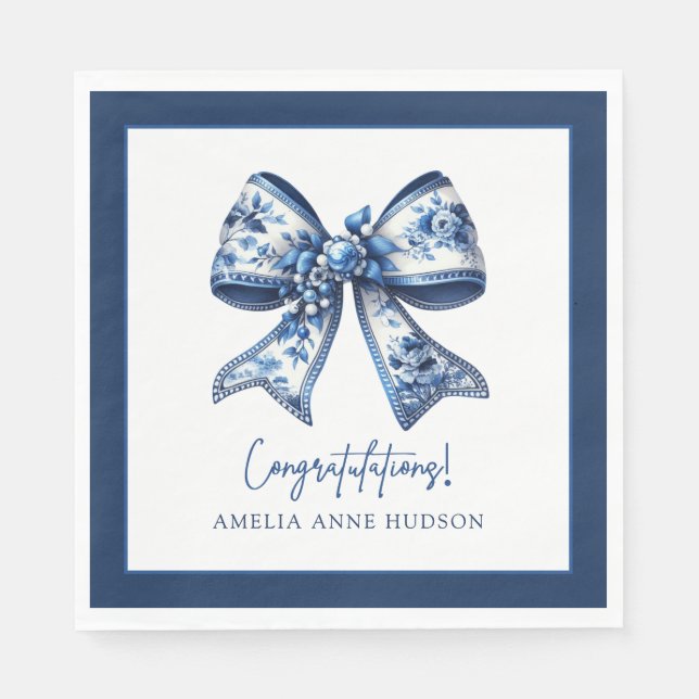 Servilleta De Papel Elegant Stylish Blue Floral Bow Congratulations (Anverso)