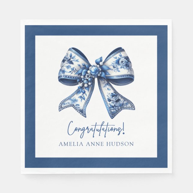 Servilleta De Papel Elegant Stylish Blue Floral Bow Congratulations (Anverso)
