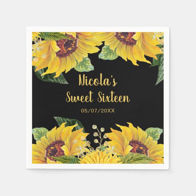 Servilleta De Papel Elegant Sunflowers and Foliage Sweet Sixteen (Anverso)