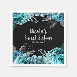 Servilleta De Papel Elegant Teal Blue and Silver Flowers Sweet Sixteen