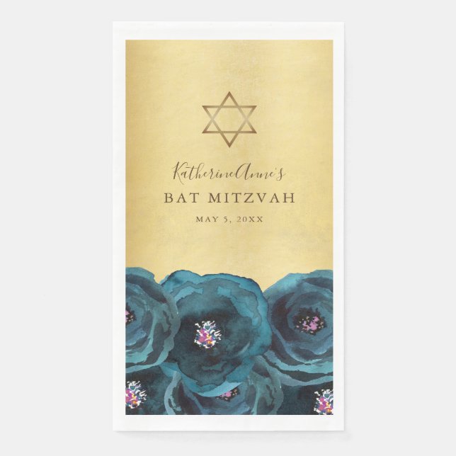 Servilleta De Papel Elegant Teal Rose Floral Gold Bat Mitzvah (Anverso)