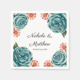 Servilleta De Papel Elegant Teal Rose & Orange Daisey Wedding