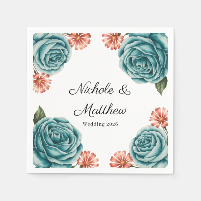 Servilleta De Papel Elegant Teal Rose & Orange Daisey Wedding (Anverso)