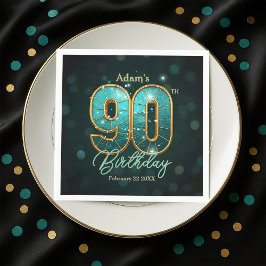 Servilleta De Papel Elegant Vibrant Teal and Gold 90th Birthday