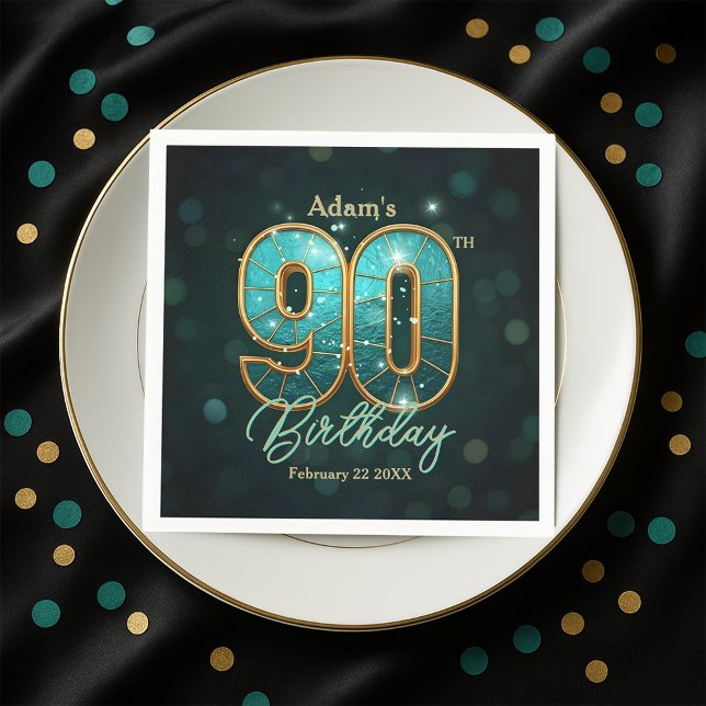 Servilleta De Papel Elegant Vibrant Teal and Gold 90th Birthday (Subido por el creador)