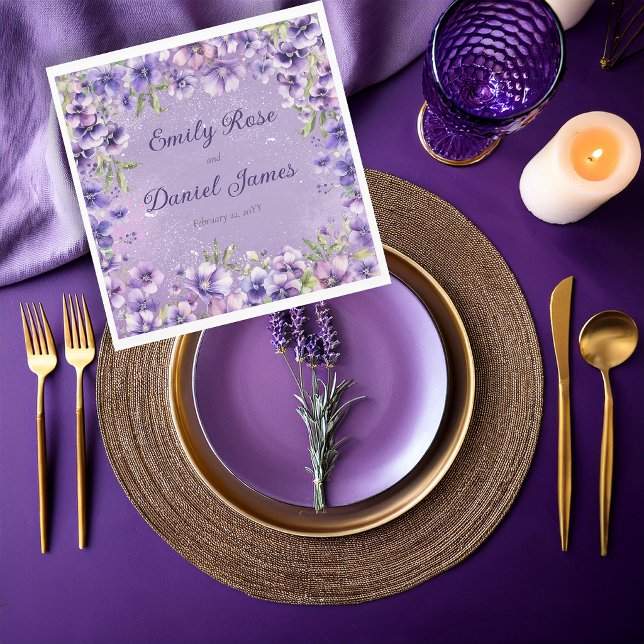 Servilleta De Papel Elegant Violet Floral Wedding (Elegant violet florals add a refined botanical touch to wedding reception details.)