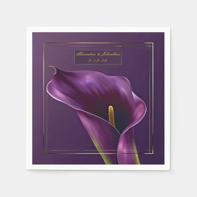 Servilleta De Papel Elegant Violet & Gold Calla Lily Wedding (Anverso)