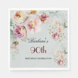 Servilleta De Papel Elegant Watercolor Floral 90th Birthday Party 