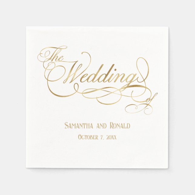 Servilleta De Papel Elegant White and Faux Gold Calligraphy Wedding (Anverso)