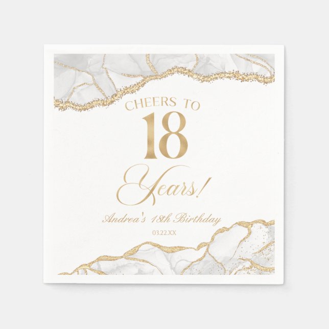 Servilleta De Papel Elegant White Gold Agate 18th Birthday Party (Anverso)