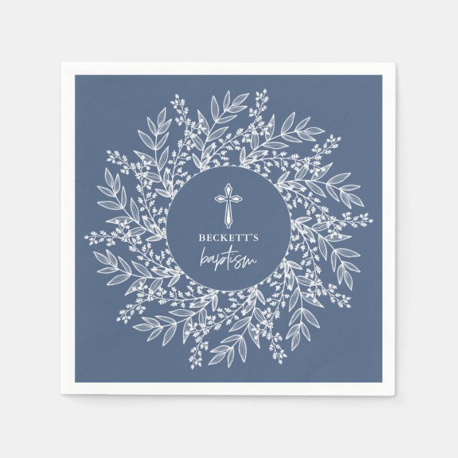 Servilleta De Papel Elegant Wreath and Cross Blue Boy Baptism (Anverso)