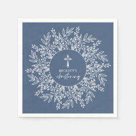 Servilleta De Papel Elegant Wreath and Cross Blue Boy Christening