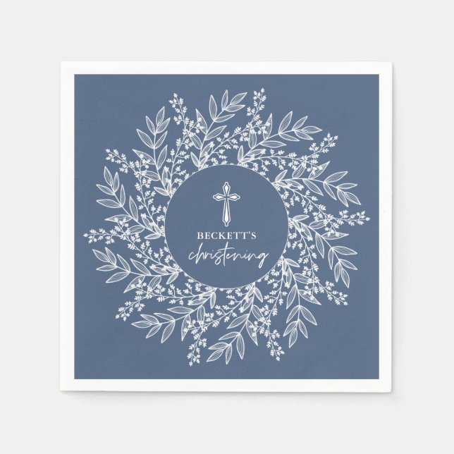 Servilleta De Papel Elegant Wreath and Cross Blue Boy Christening (Anverso)