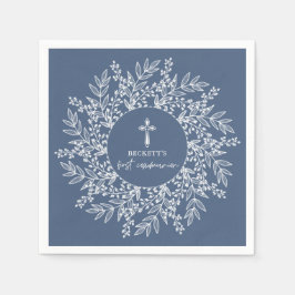 Servilleta De Papel Elegant Wreath and Cross Blue Boy First Communion