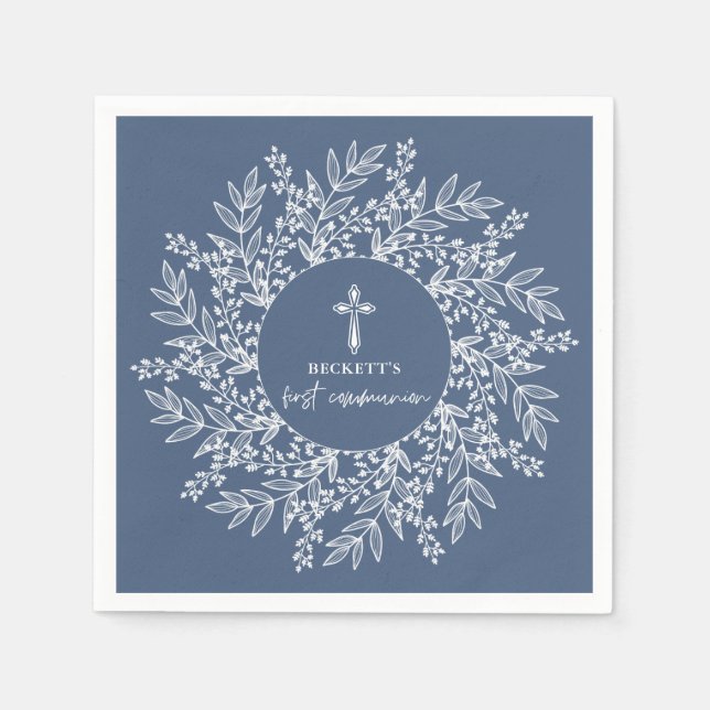 Servilleta De Papel Elegant Wreath and Cross Blue Boy First Communion (Anverso)