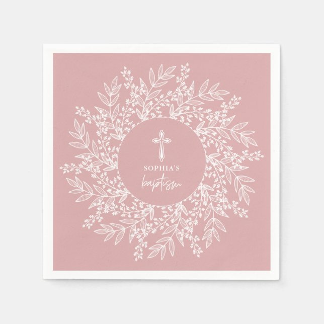 Servilleta De Papel Elegant Wreath and Cross Pink Girl Baptism (Anverso)