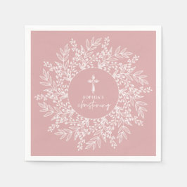 Servilleta De Papel Elegant Wreath and Cross Pink Girl Christening