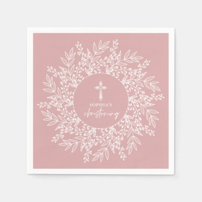 Servilleta De Papel Elegant Wreath and Cross Pink Girl Christening (Anverso)