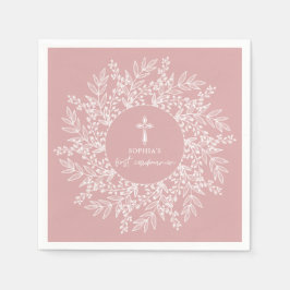 Servilleta De Papel Elegant Wreath and Cross Pink Girl First Communion