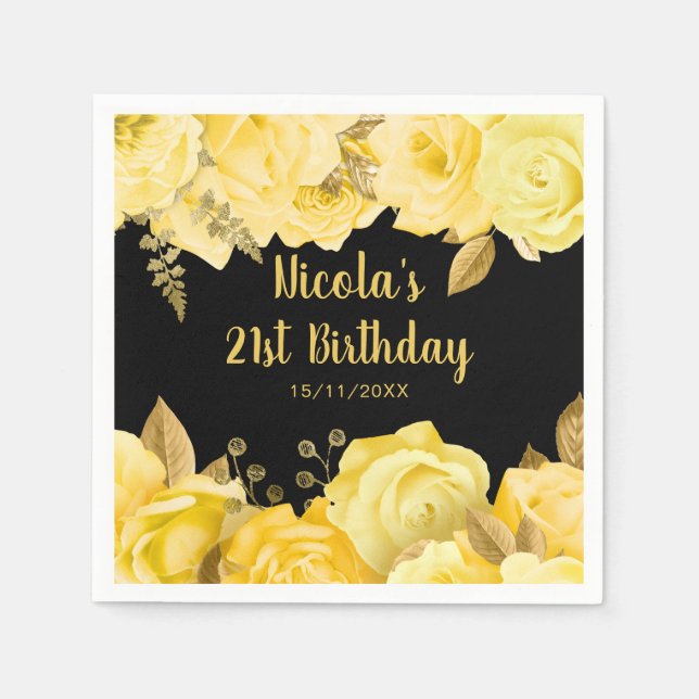 Servilleta De Papel Elegant Yellow and Gold Flowers Birthday Party (Anverso)