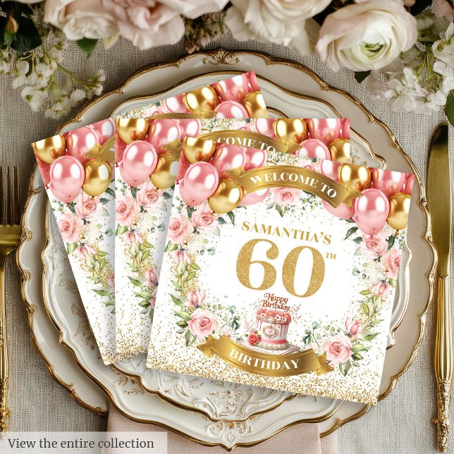 Servilleta De Papel Elegante 60.º cumpleaños Napkins Purpurina de oro  (Elegant 60th Birthday Napkins Gold Glitter Blooms)