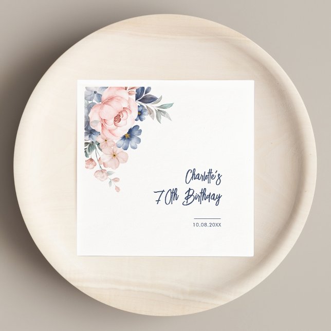 Servilleta De Papel Elegante 70.º Papel Fiesta floral rosado (Blush Pink Floral 70th Birthday Party Paper Napkins)