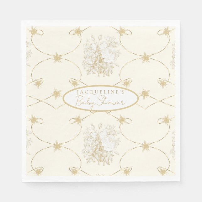 Servilleta De Papel Elegante Abeja floral francesa con marfil de oro p (Anverso)
