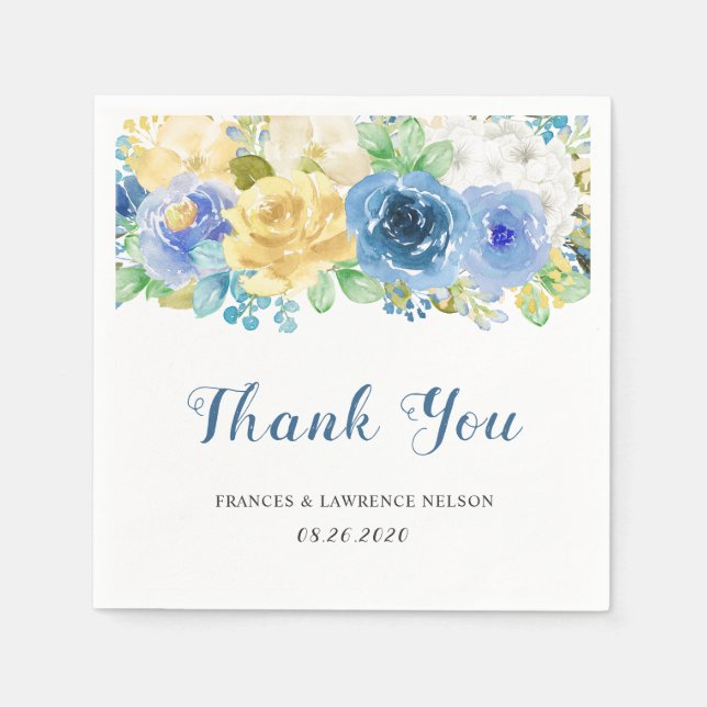Servilleta De Papel Elegante acuarela Blue Yellow Rose Garden Wedding (Anverso)