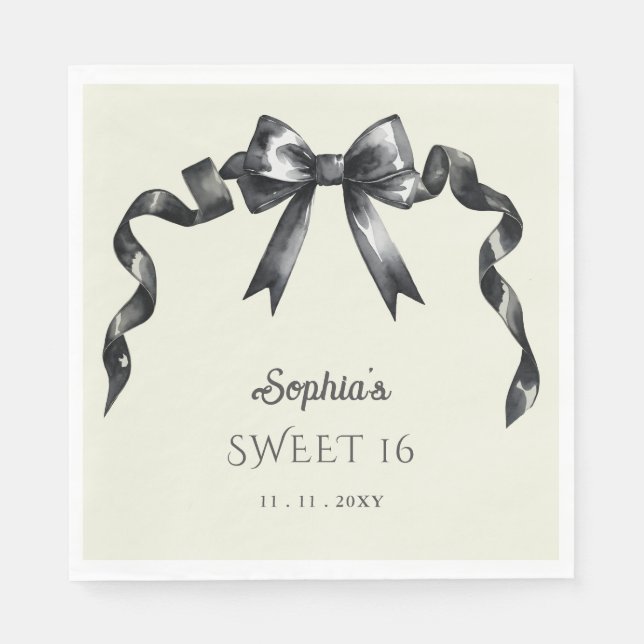 Servilleta De Papel Elegante acuarela Coquette Black Bow Sweet 16 (Anverso)