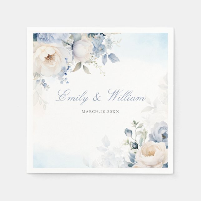 Servilleta De Papel Elegante acuarela Dusty Blue Floral Boda (Anverso)