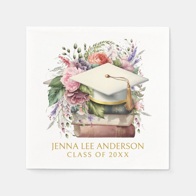 Servilleta De Papel Elegante acuarela Floral Blanco Cap Graduación (Anverso)