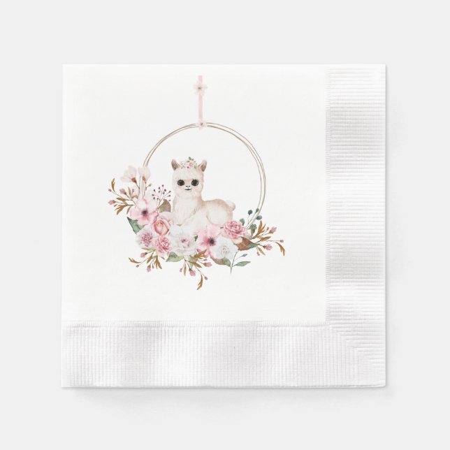 Servilleta De Papel Elegante acuarela floral rosa Llama Baby Shower (Anverso)