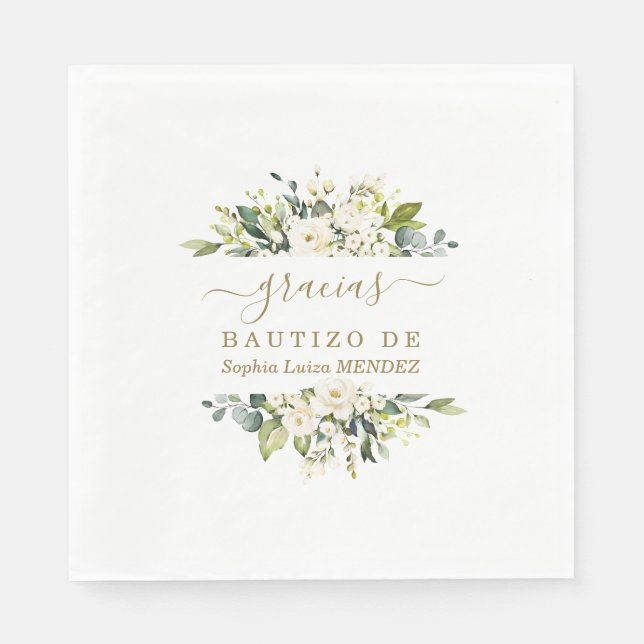 Servilleta De Papel Elegante acuarela Flores blancas Bautizo español (Anverso)